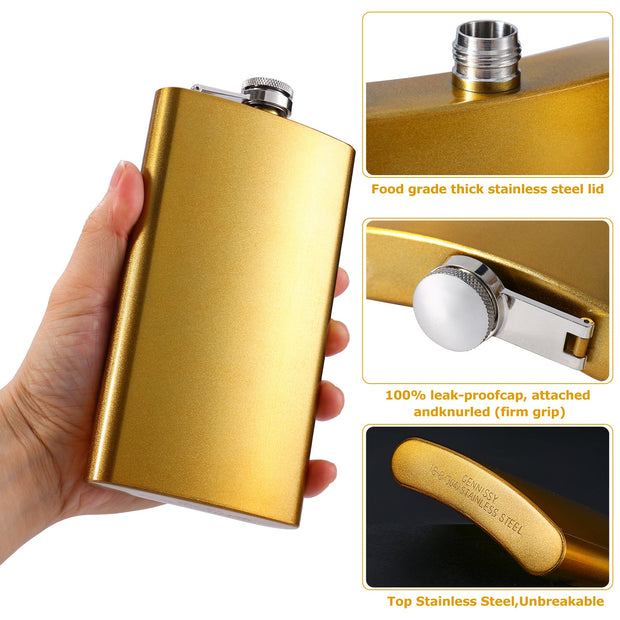 Golden 18/8 Stainless Steel 12OZ Hip Flask - Flasks for Liquor with Funnel