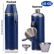10 OZ Bucket Hip Flask - Navy Blue PU Leather Stainless Steel Flasks for Liquor with Funnel and Cups
