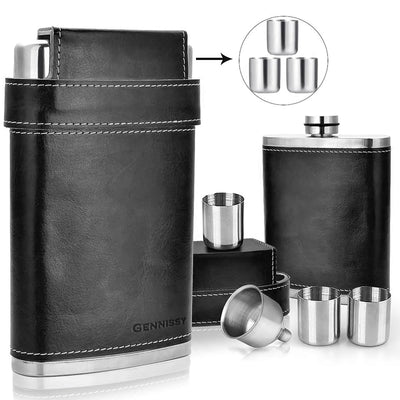 304 18/8 Stainless Steel 8oz Flask with Leather 3 Cups and Funnel 100% Leak Proof Black