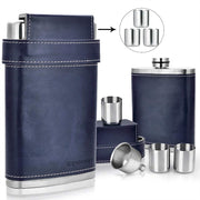 304 18/8 Stainless Steel 8oz Flask with Leather 3 Cups and Funnel 100% Leak Proof Navy Blue