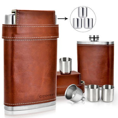 304 18/8 Stainless Steel 8oz Flask with Leather 3 Cups and Funnel 100% Leak Proof Brown