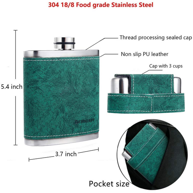 304 18/8 Stainless Steel 8oz Flask with Leather 3 Cups and Funnel 100% Leak Proof Green