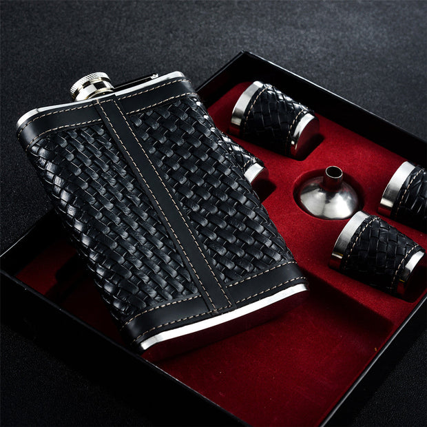 9OZ Black Hip Flask Set - Woven PU Leather and Stainless Steel With Funnel and 4 Cups