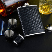 9OZ Black Hip Flask Set - Woven PU Leather and Stainless Steel With Funnel and 4 Cups