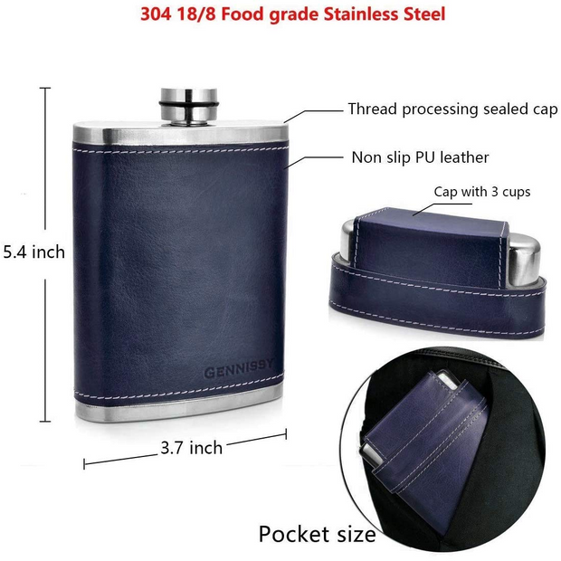 304 18/8 Stainless Steel 8oz Flask with Leather 3 Cups and Funnel 100% Leak Proof Navy Blue