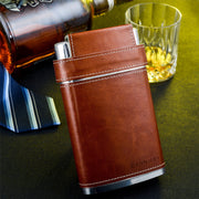 304 18/8 Stainless Steel 8oz Flask with Leather 3 Cups and Funnel 100% Leak Proof Brown